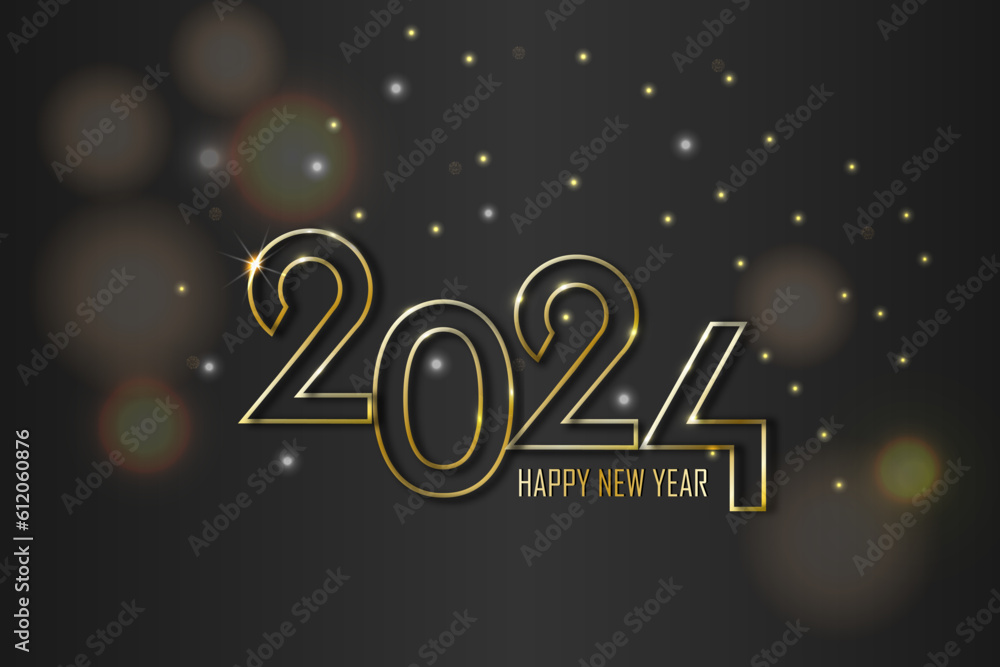 Happy new year 2024 on black background with light. Cover template for calendar, holiday greeting card design. Vector illustration. Happy new year 2024 on black background with light. Cover template for calendar, holiday greeting card design. Vector illustration.