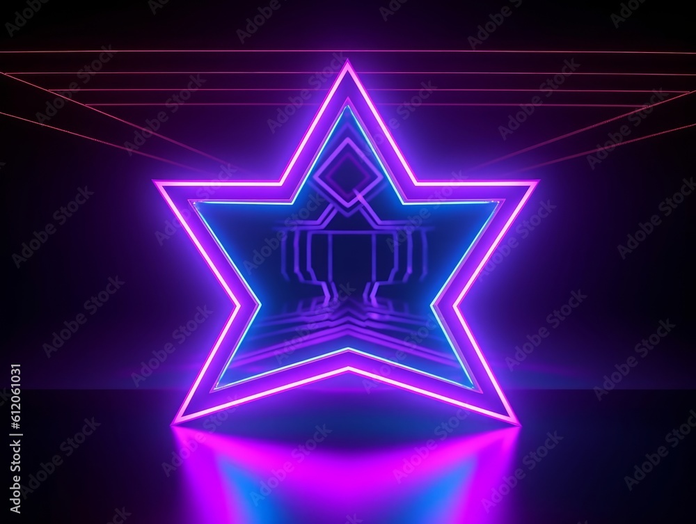 3d render, ultraviolet neon star shape, glowing lines, portal, tunnel, virtual reality, abstract fashion background, violet neon lights, arch, pink blue spectrum vibrant colors, laser, Generative AI 3d render, ultraviolet neon star shape, glowing lines, portal, tunnel, virtual reality, abstract fashion background, violet neon lights, arch, pink blue spectrum vibrant colors, laser, Generative AI