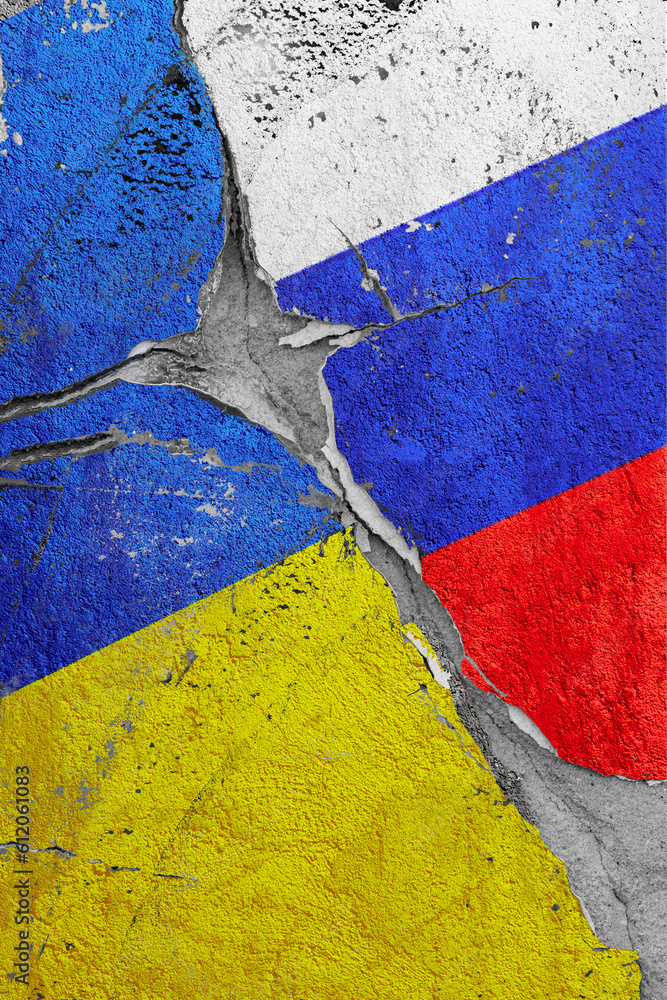 Illustration of cracked between Ukraine and Russia flags, concept of global crisis in political and economic relations