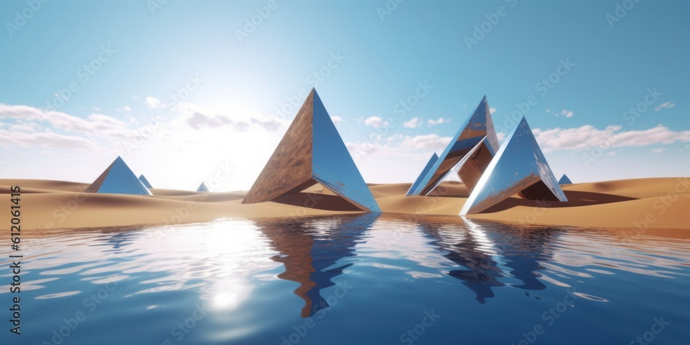 3d render, abstract fantastic background. Desert landscape with sand water and glossy metallic triangles under the clear blue sky, Generative AI