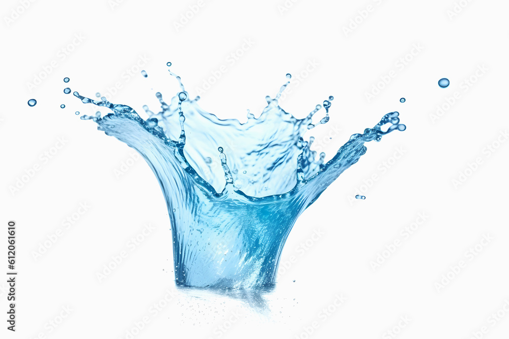 Beautiful fairy splash blue transparent water on white background. Generative AI