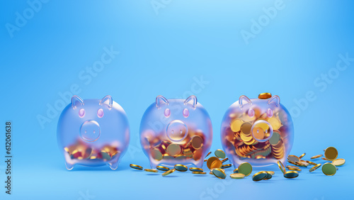 Increasing coins in a piggy bank against a light blue background. Savings money concept, growth, income, family budget, Financial investment, Business success. 3D rendering.