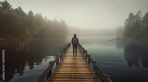 Pensive Mood of a Young Man Standing Alone on Wooden Footbridge Staring at Lake in Early Morning Mist, Lost in Thought and Inspiration: Generative AI © AIGen