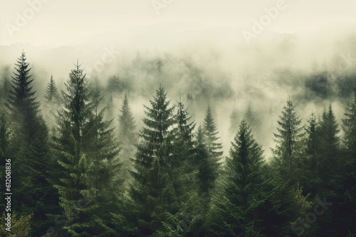Retro Misty Fir Forest Landscape. Vintage Hipster Style of Foggy Morning Travel with Scenic View of Mountain Hill and Natural Forest: Generative AI © AIGen