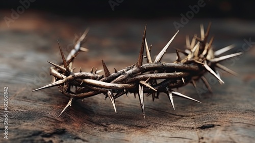 Passion Week Symbols of Christ's Suffering and Resurrection: Cross, Nails, and Crown of Thorns, on Lent and Easter Background. Generative AI