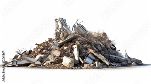 Obraz na plátně Wrecked Building Panorama with Concrete Debris and Huge Beam on Isolated White Background - Symbol of Destruction, Remains, Waste, and Recycling