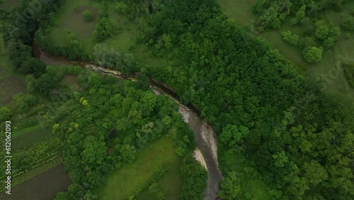 Flying over the Dzusa river in Sazano village. Georgia 2023 summer photo