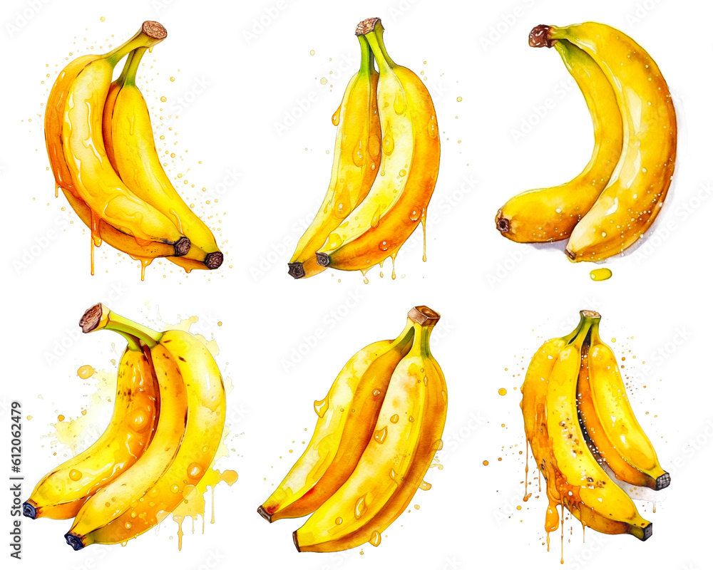 Set of watercolor Bananas isolated on white background. PNG transparent background. AI Generative.