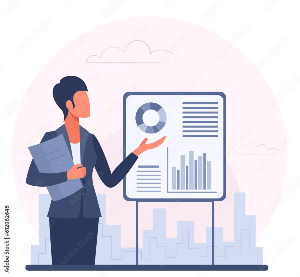 Business woman in a suit near a flipchart makes a presentation. Woman manager holds a business meeting. Concept for business planning, marketing, training. Vector illustration.