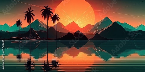 disco style party comics illustration of bright orange sunset on the beach. Blue montain  viollet palm  sun reflection on the sea.Ai generated Generative AI