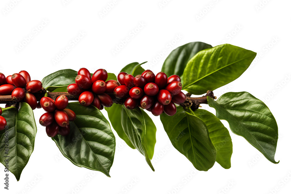 Coffee beans on a tree branch with leaves isolated on white background ...