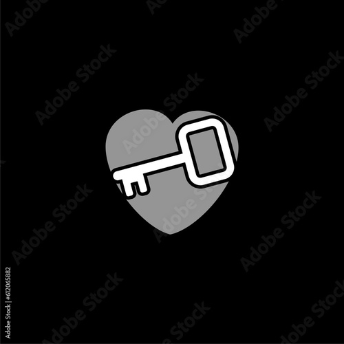 Heart shaped lock and key line icon isolated on black background