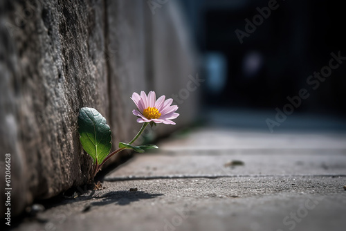 Lone flower grew between the asphalt and wall, Life finds a way, created with Generative AI