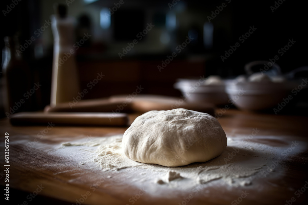Ball of raw yeast baking dough with white wheat flour on wooden table. Photorealistic Generative AI Ball of raw yeast baking dough with white wheat flour on wooden table. Photorealistic Generative AI