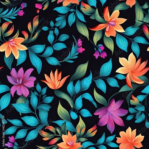 Colorful botanical flowers  dark background.