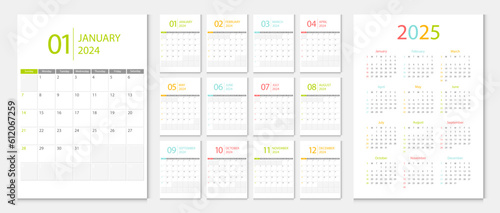 Calendar 2024, calendar 2025 week start Sunday corporate design template vector. Desk calendar 2024.