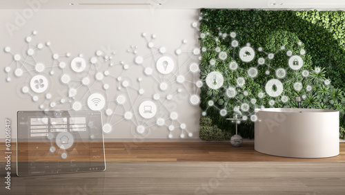 Wallpaper Mural Tablet wireless with smart home app on wooden table, geometric background with connected line and dots, internet of things system, home automation concept over minimal bathroom Torontodigital.ca