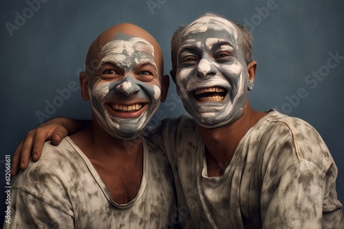 Dad and son with shaving foam on their faces have fun spending time together. Ai Generative AI
