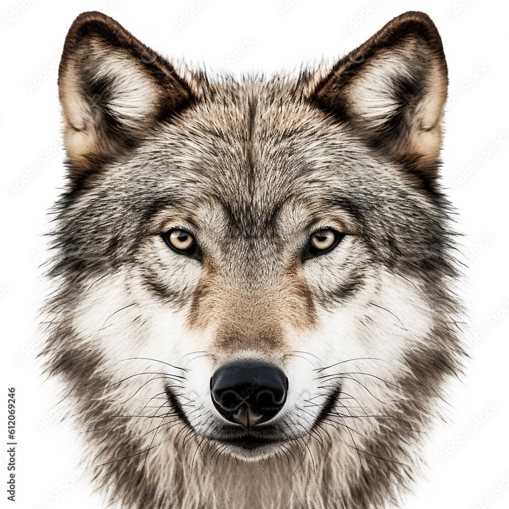 Close-up of wolf face isolated. Head front view. Generative AI Close-up of wolf face isolated. Head front view. Generative AI
