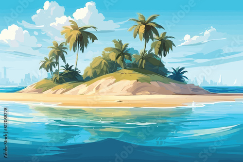 beach with palm trees watercolor hand-painted vector art painting illustration background, water, sky, beach, summer, travel, nature, tree, landscape, sea, blue, ocean, tropical, 