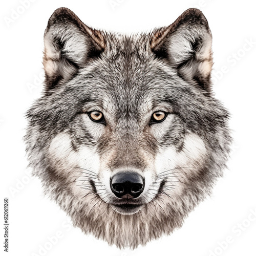 Close-up of wolf face isolated. Head front view. Generative AI © iridescentstreet