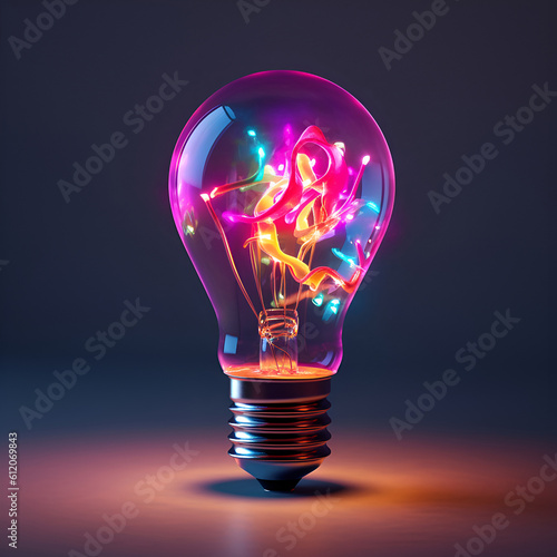  a colorful glowing idea bulb lamp.Unique neon light bul. Colorful abstract light bulb.
