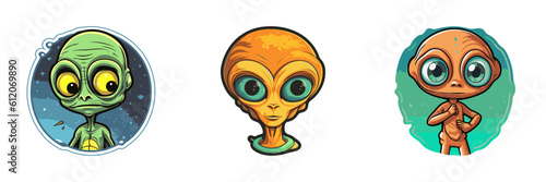 Cute cartoon alien face sticker. Vector illustration.