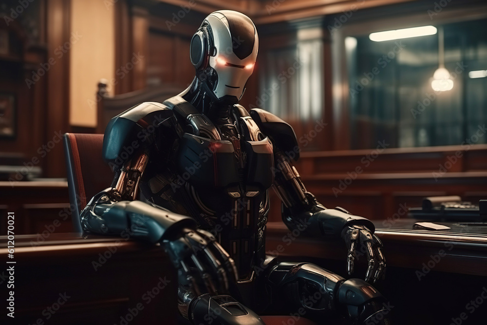 AI judge, futuristic robot replacing human in court, automatic justice system. Generative AI AI judge, futuristic robot replacing human in court, automatic justice system. Generative AI