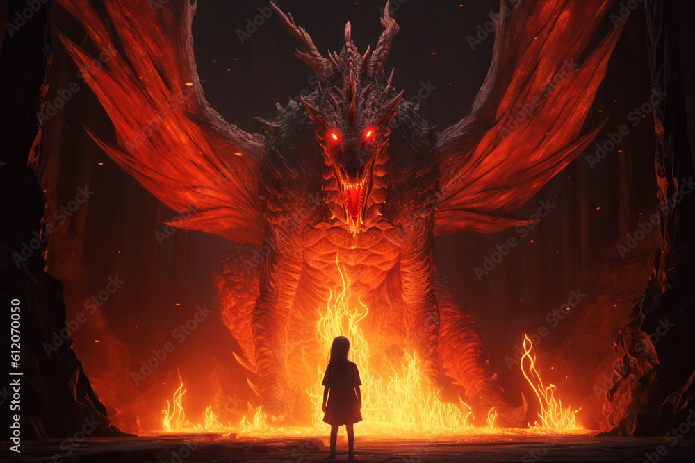 Little girl standing in front of huge red fire breathing dragon ...