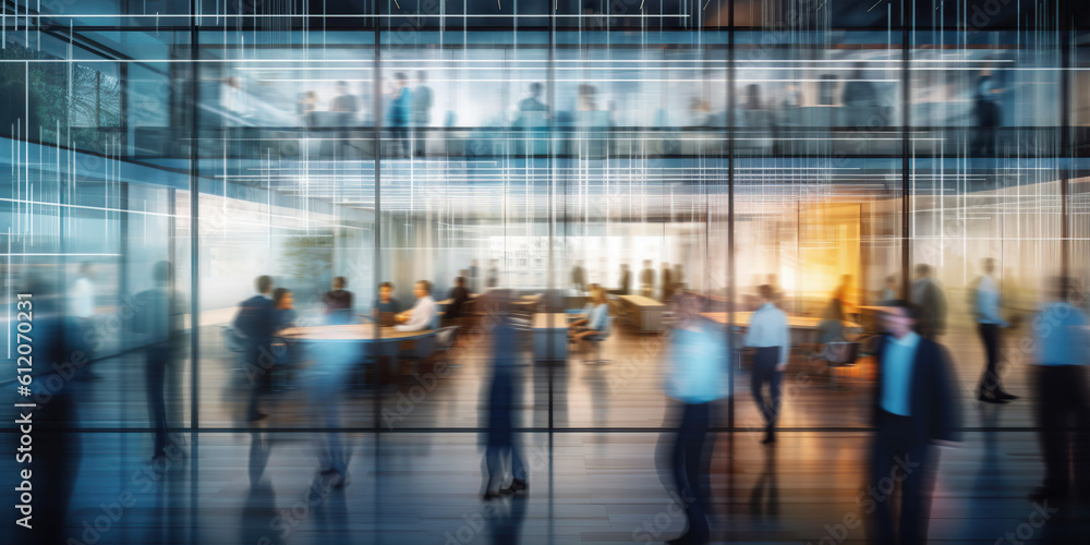 Long exposure banner of busy crowded modern office hallway with business people. Generative AI Long exposure banner of busy crowded modern office hallway with business people. Generative AI