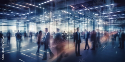 Long exposure banner of busy crowded modern office hallway with business people. Generative AI