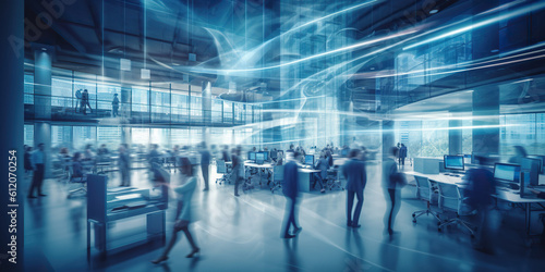 Long exposure banner of busy crowded office hallway with business people. Generative AI