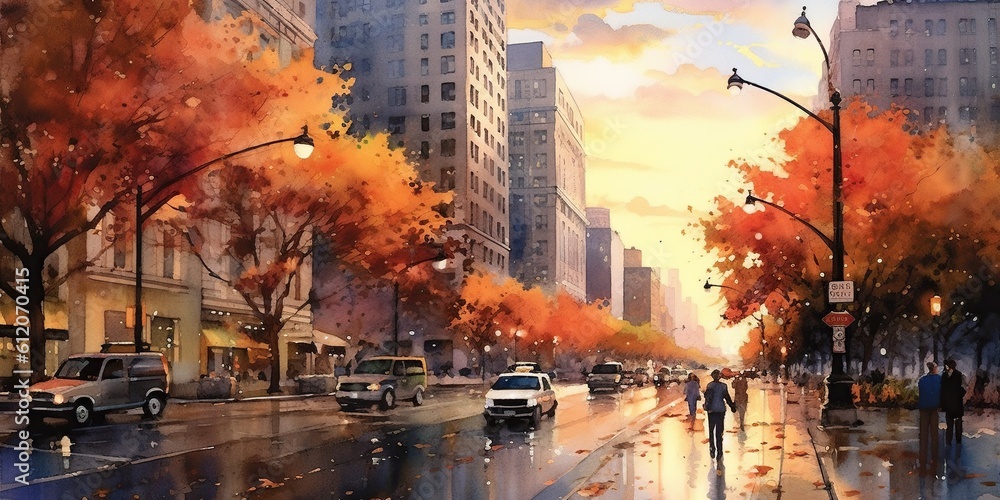 Autumn in new york: beautiful street scene with fall colors, watercolor painting of urban landscape and architecture. Generative AI