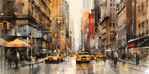 Fotografiet New York City street with taxi: watercolor art painting capturing urban landscape, architecture and the vibrant city life