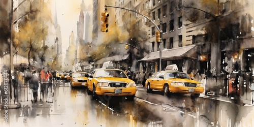 New York City street with taxi: watercolor art painting capturing urban landscape, architecture and the vibrant city life. Generative AI © iridescentstreet