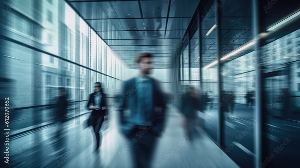 Long exposure shot of modern office lobby with business people. Generative AI Long exposure shot of modern office lobby with business people. Generative AI