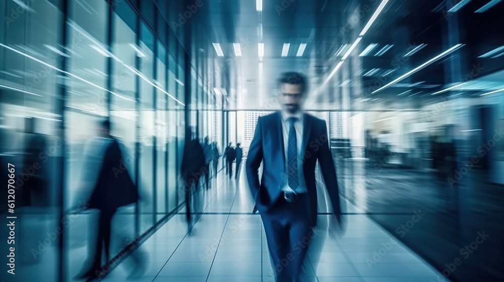 Long exposure shot of modern office lobby with business people. Generative AI Long exposure shot of modern office lobby with business people. Generative AI