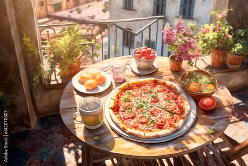 Italian pizzeria terrace in sunshine with pizza on table, dreamy watercolor artwork of day cafe in Italy. Generative AI