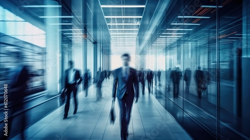 Long exposure shot of modern office lobby with business people. Generative AI