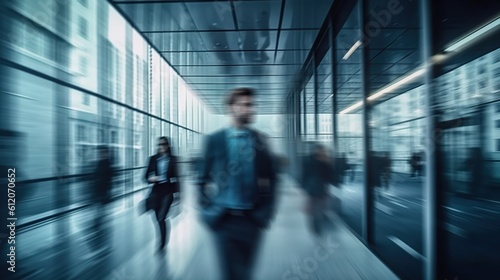 Long exposure shot of modern office lobby with business people. Generative AI