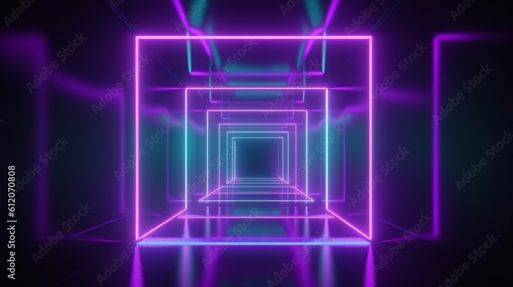 3d render, virtual reality environment, neon light, square portal, tunnel, ultraviolet spectrum, abstract background, laser show, fashion catwalk podium, path, way, stage, floor, Generative AI 3d render, virtual reality environment, neon light, square portal, tunnel, ultraviolet spectrum, abstract background, laser show, fashion catwalk podium, path, way, stage, floor, Generative AI