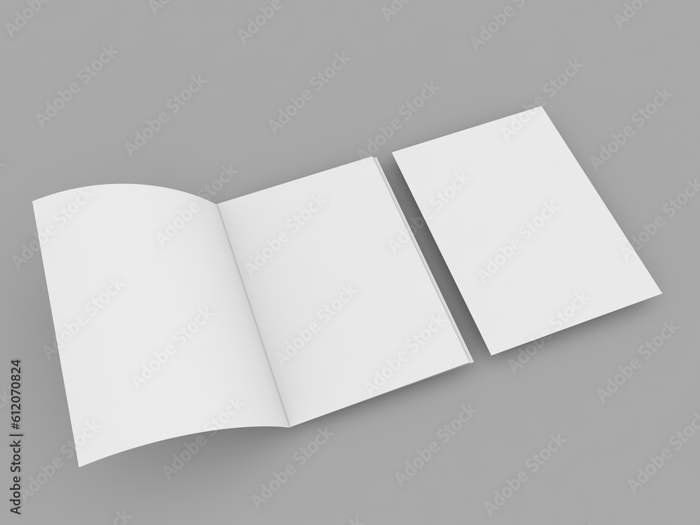 Greeting card and A4 sheet on a gray background. 3d render illustration. Greeting card and A4 sheet on a gray background. 3d render illustration.