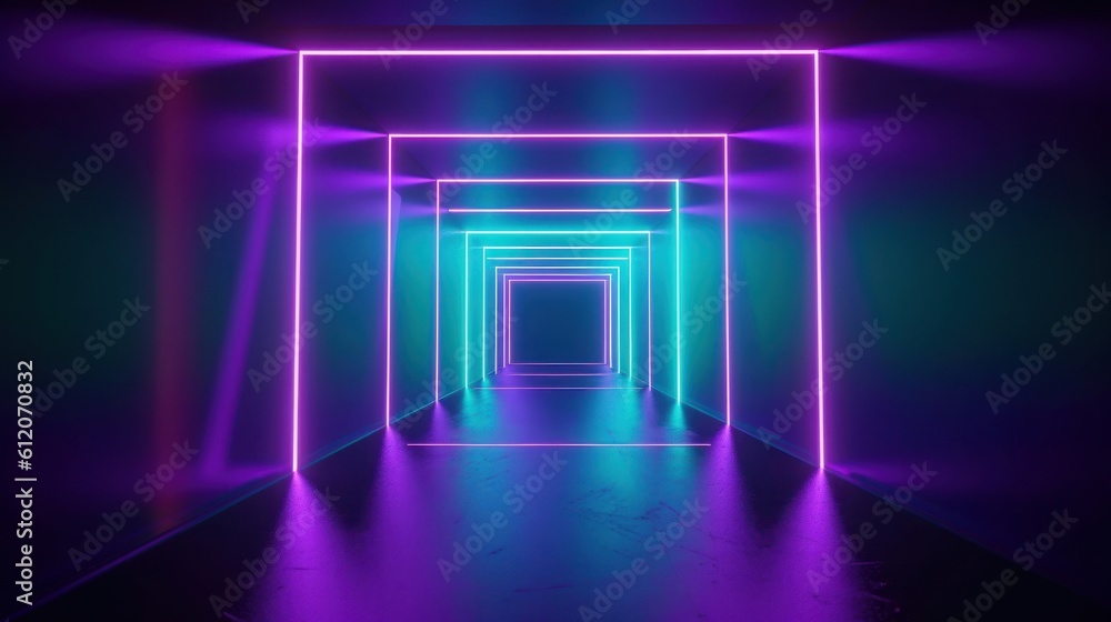 3d render, virtual reality environment, neon light, square portal, tunnel, ultraviolet spectrum, abstract background, laser show, fashion catwalk podium, path, way, stage, floor, Generative AI 3d render, virtual reality environment, neon light, square portal, tunnel, ultraviolet spectrum, abstract background, laser show, fashion catwalk podium, path, way, stage, floor, Generative AI