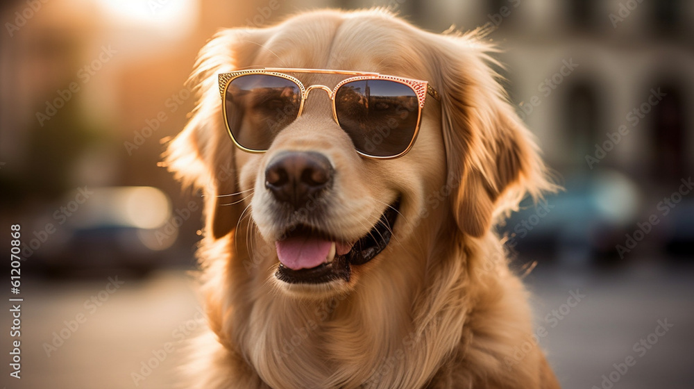 A retriever wearing a comically oversized pair of sunglasses, striking a pose with a playful expression Generative AI
