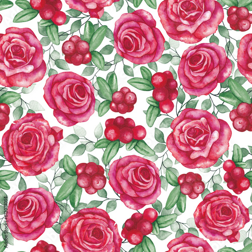 Seamless pattern with spring flowers and leaves. Hand drawn background. floral pattern for wallpaper or fabric. Flower rose. Botanic Tile. © Marisha paint