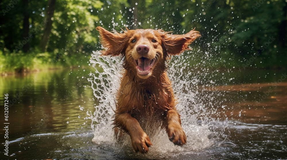 An image of a retriever caught mid-shake after getting wet, with water droplets flying in all directions, creating a comical sight Generative AI