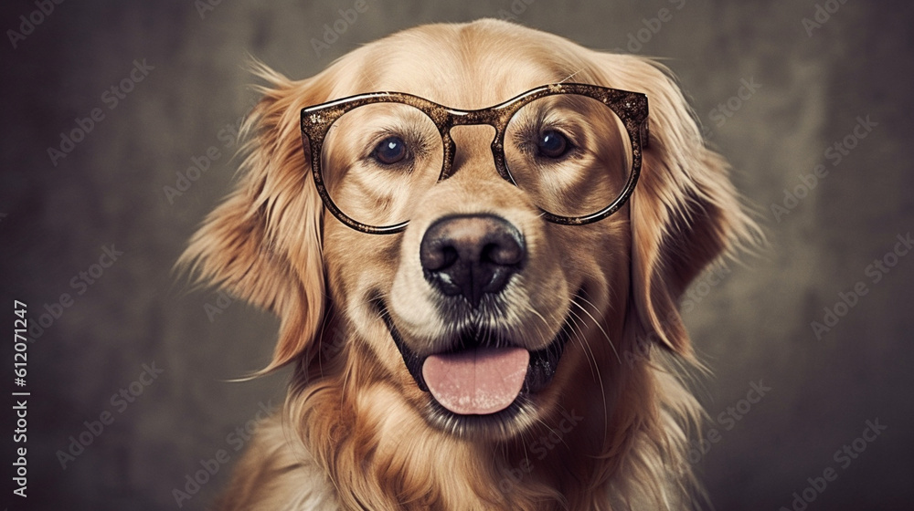 A retriever wearing a pair of funny glasses, instantly becoming the center of attention with its hilarious fashion sense Generative AI