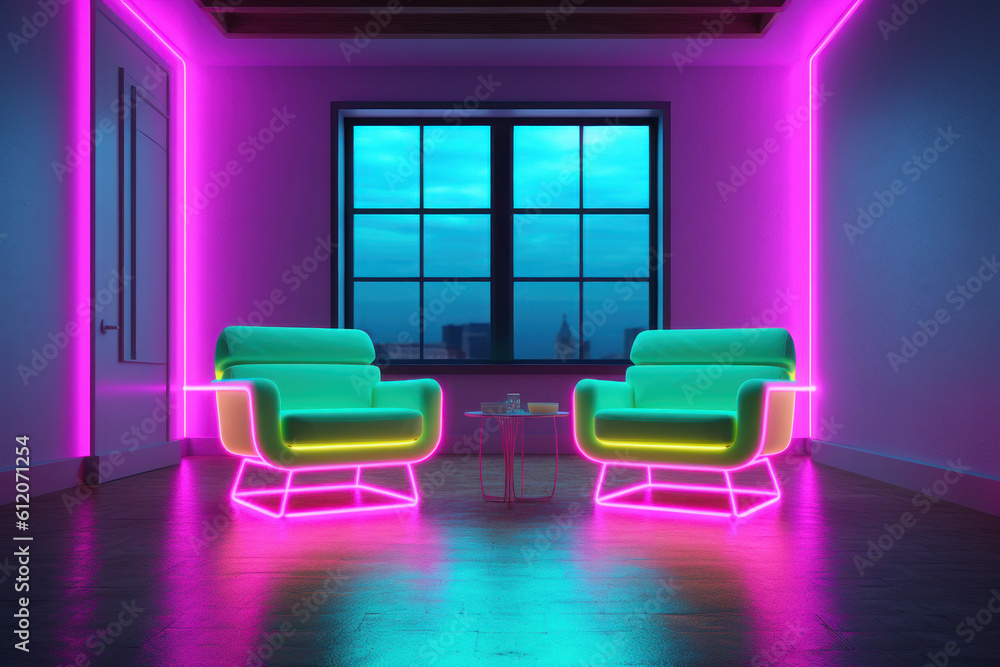 Contemporary neon chairs illuminate the modern interior space with a touch of futuristic luxury and entertainment glowing comfort. Ai generative. Contemporary neon chairs illuminate the modern interior space with a touch of futuristic luxury and entertainment glowing comfort. Ai generative.