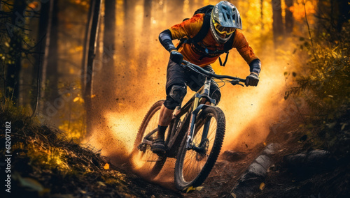 Witness the highspeed action and gravitydefying tricks of a skilled rider on thrilling offroad trails adrenalinefueled mountain biking. Ai generative. © remake