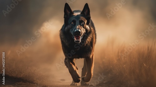 angry soldier black German shepherd dog running
